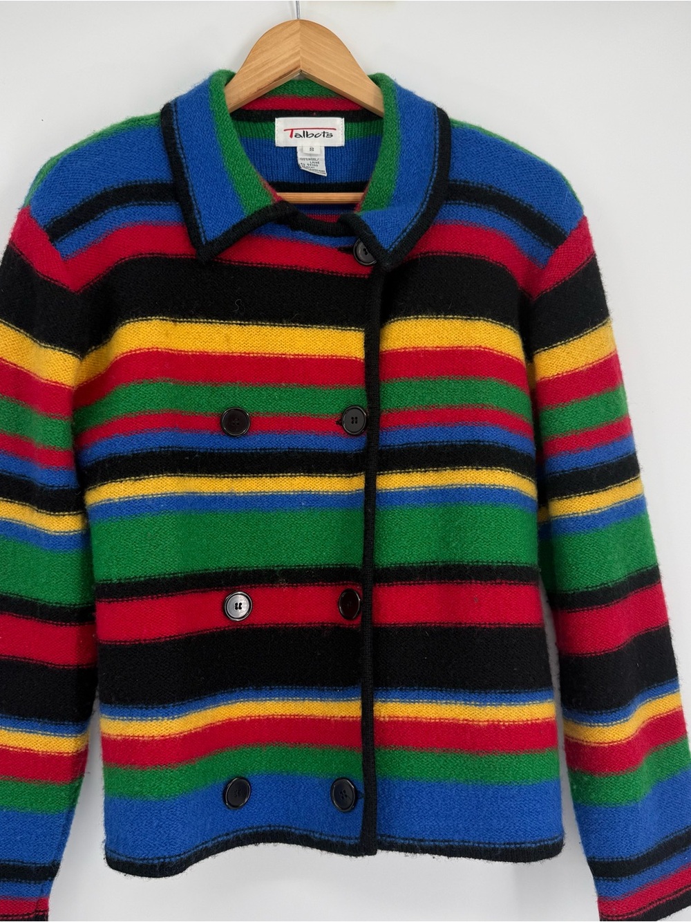Vintage Talbots Womens Small Wool Striped Cardigan Sweater Rainbow button - Picture 3 of 10